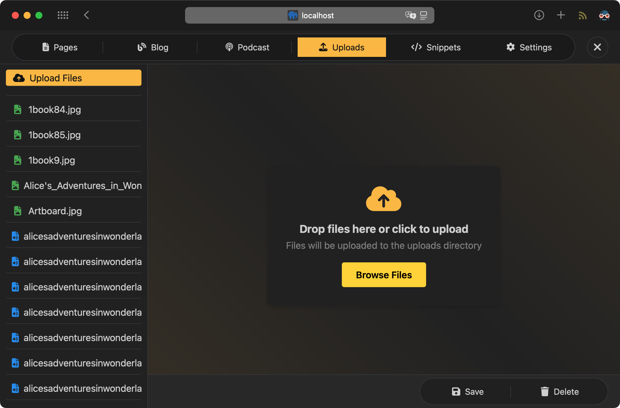 Screenshot of Forma's file manager showing grid of uploaded images with hover controls