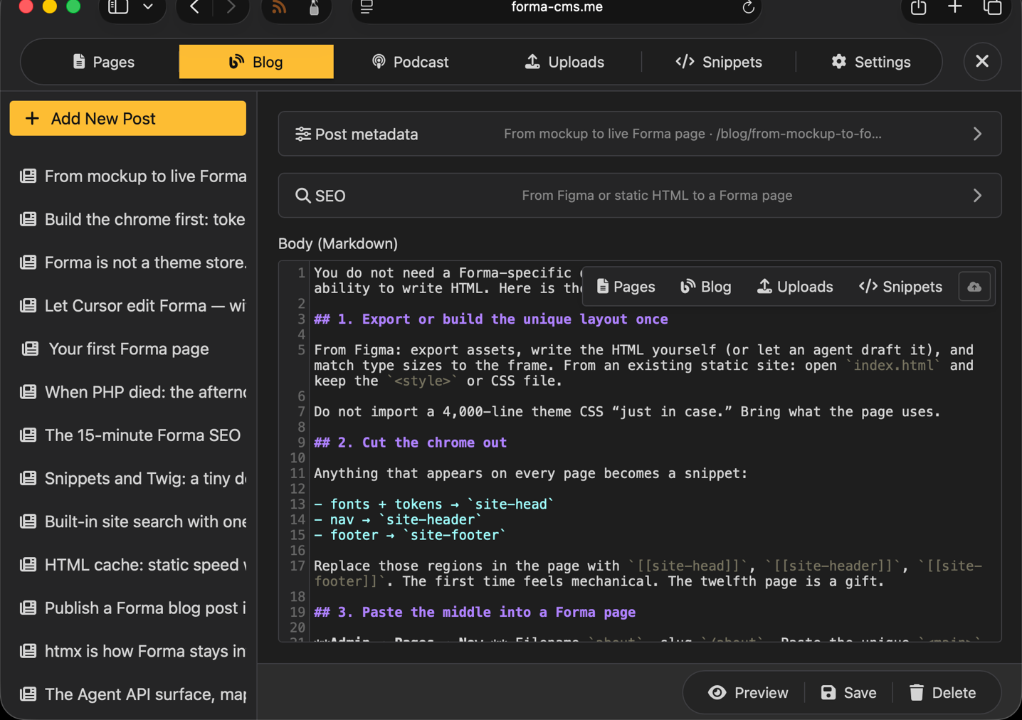 Forma dark admin — Blog post editor in Markdown