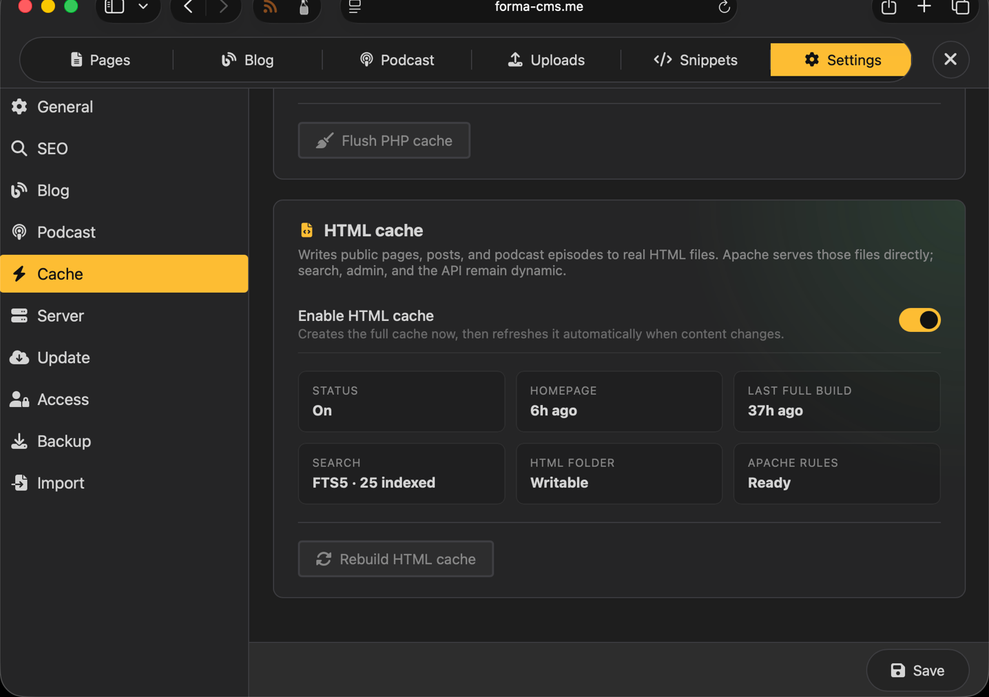 Forma Settings — Cache, HTML files, and hosting controls