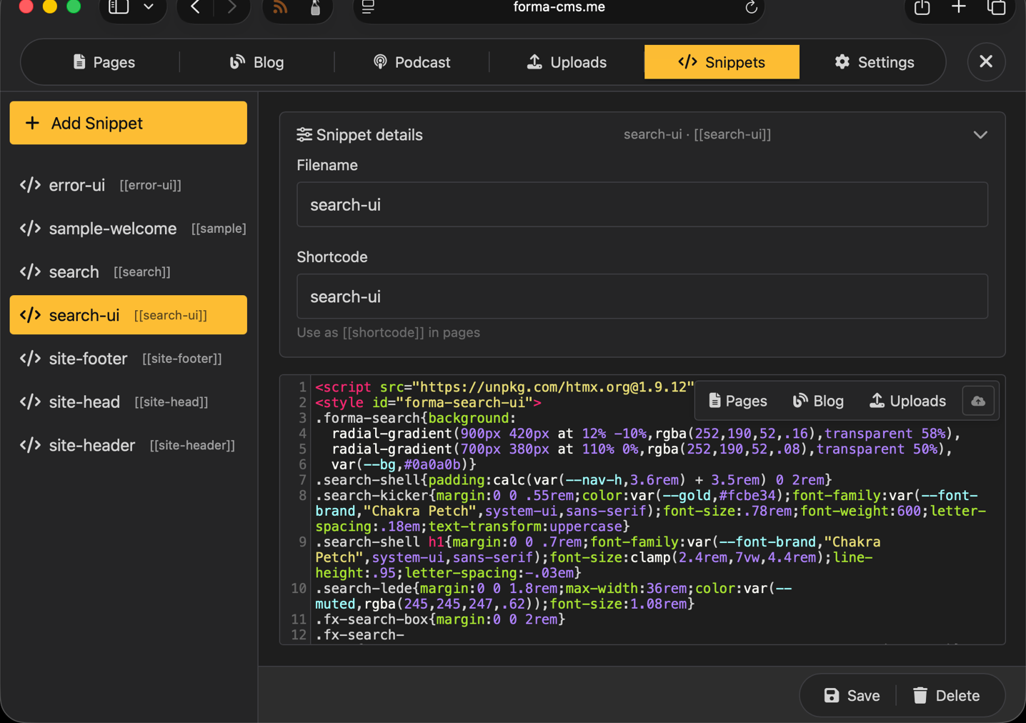 Forma Snippets editor — reusable markup blocks